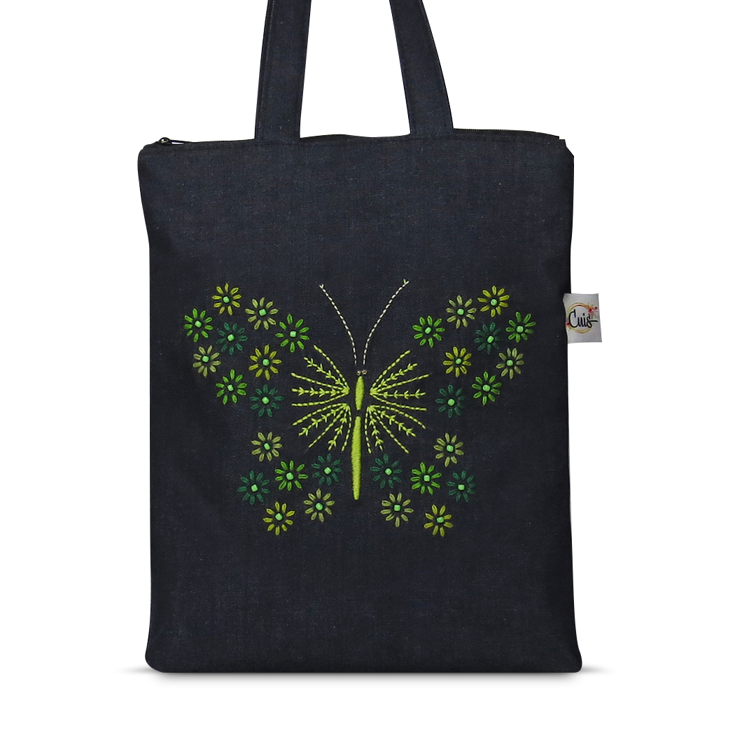 Bolsa y Estuche de mezclilla Bordada Mariposa verde - Imagen 2