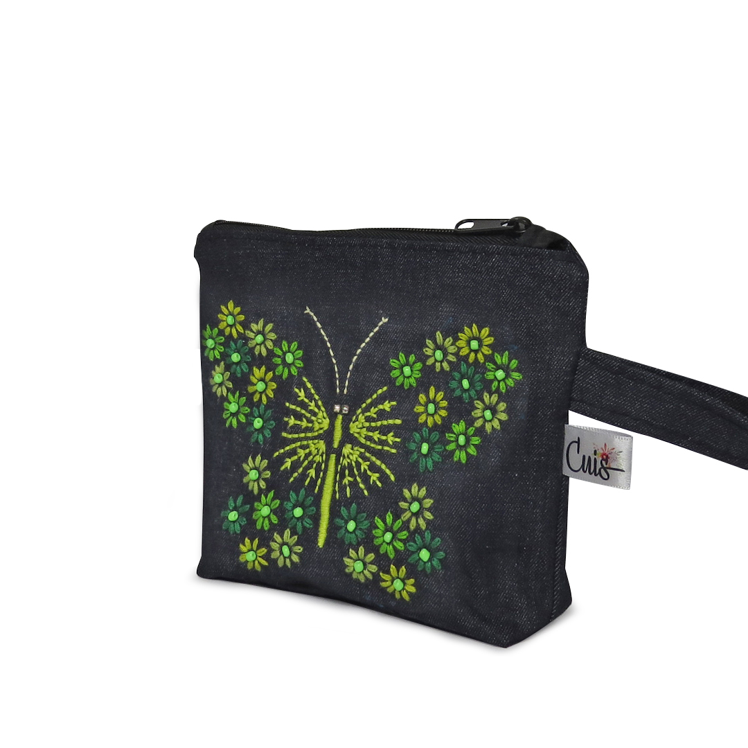 Bolsa y Estuche de mezclilla Bordada Mariposa verde - Imagen 3