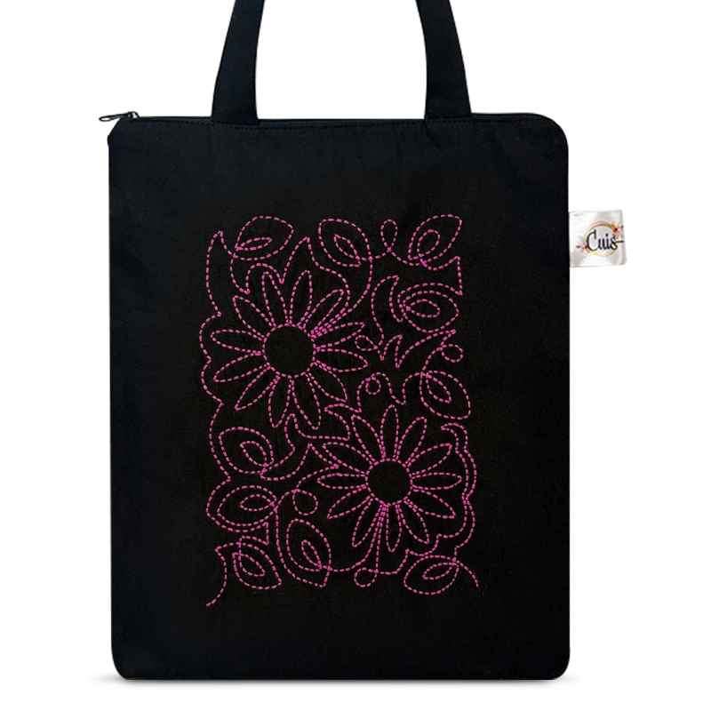 Totebag Negra Bordada a Mano Margaritas Rosada