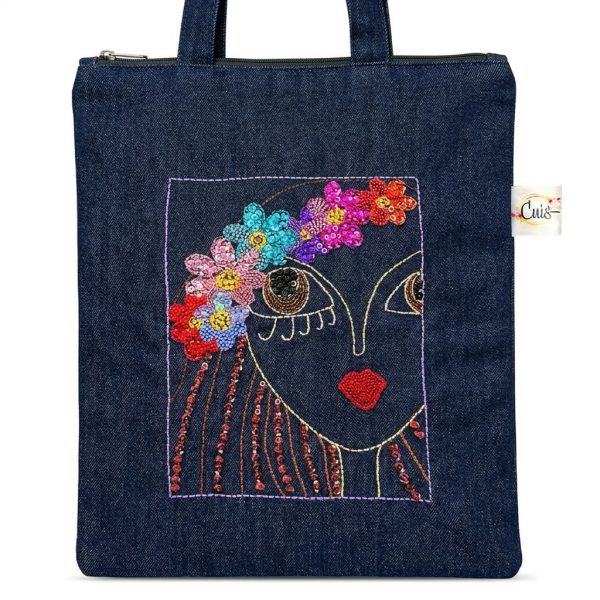 Totebag Bordada a mano Bohemia Chic azul oscuro