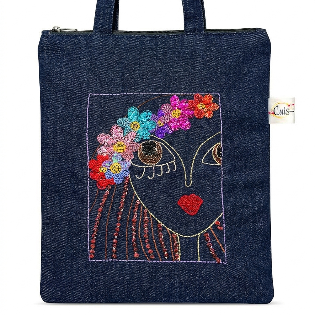 Totebag Bordada a mano Bohemia Chic azul oscuro